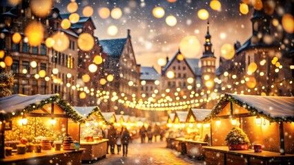 A magical christmas market scene on a snowy street, with warm lights illuminating the festive stalls and happy people