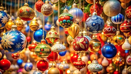 Fototapeta premium A dazzling array of colorful christmas ornaments hanging from above, showcasing a variety of festive designs and textures