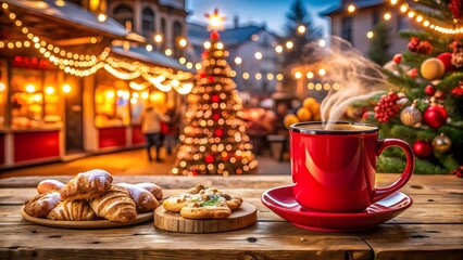 A red cup of hot coffee with pastries on a wooden table in front of a blurry christmas market background
