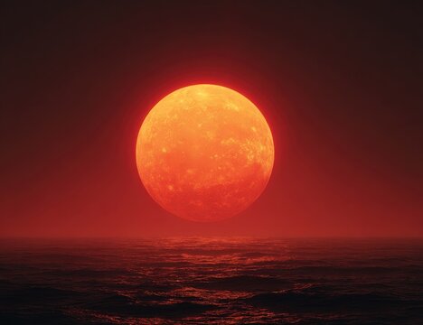 Fiery red moon over a dark, rippled sea - Powered by Adobe