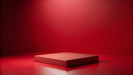 A red square platform stands in a red studio setting