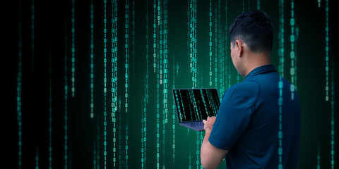 	
A human use phone, hold laptop and show Safety, ethics, cyber security, generative, technology, big data concept	