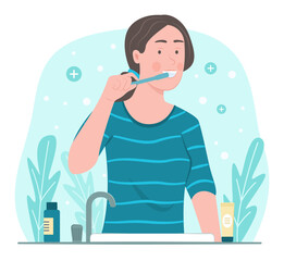 Happy Young Man Brushing Teeth for Dental Healthcare and Daily Hygienic Lifestyle Routine Concept Illustration