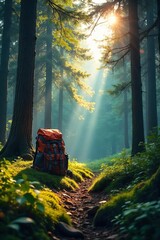 Tranquil Forest Clearing Backpack Awaits Adventure in Sun-Dappled Woods, Evoking a Sense of Peace and Wilderness Exploration
