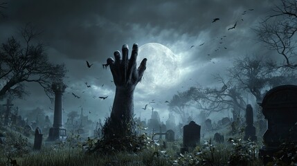 Terrifying zombie hand erupts from dark, cracked earth in a spooky, ancient cemetery, a chilling symbol of horror and the supernatural rising from the grave.