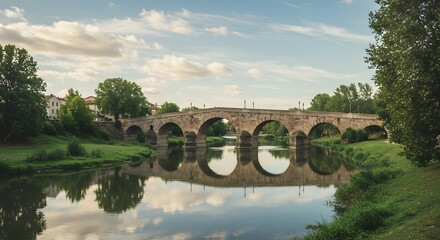 Fototapeta premium Historic Stone Bridge Arches Reflecting in Calm River Water Under a Cloudy Sky