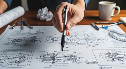 Architect Working on Blueprint Design with Pen in Hand Close Up