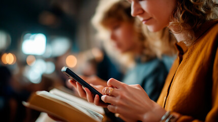 Young people's hands holding phones and Bibles tech integrated faith faces defocused millennial mental health support modern youth ministry prayer app engagement with copy