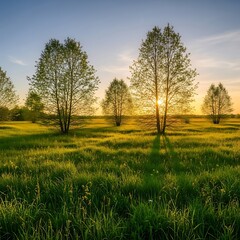 Fototapeta premium Golden Hour Meadow - Trees Silhouetted Against Sunset Sky.