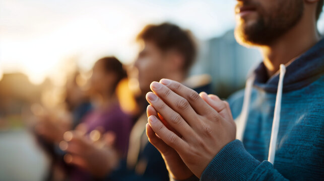 Hands of young adults in prayer huddle before event unity gesture faces not visible youth ministry mental support campus faith group outdoor or gym setting defocused with cop