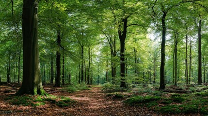 Obraz premium Lush Forest Interior with Sunlight Filtering Through Green Canopy