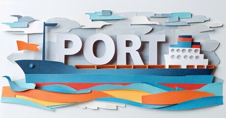 Papercraft illustration depicts ship, waves, sky. Bold lettering spells PORT. Bright colors create dynamic visual impact.