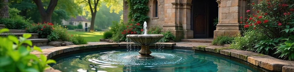 Tranquil Church Fountain Cascading Water in Lush Greenery and Ancient Stone Architecture.  Perfect for peaceful, spiritual, religious, or travel imagery.