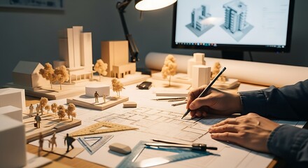 Architectural design studio with building models blueprints and hand drawing