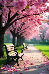 Serene Spring Scene Elegant Benches Under Blooming Cherry Trees, Perfect for Relaxation and Contemplation