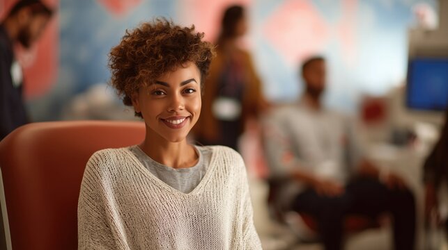 Smiling woman at blood donation center, volunteer portrait for healthcare charity, community support and medical campaign branding