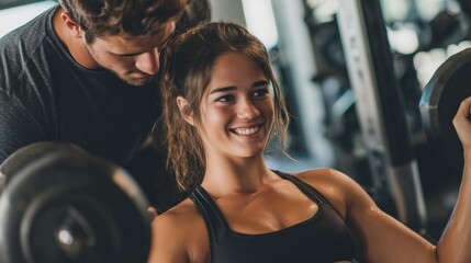Young woman training with personal coach in gym, strength workout and fitness motivation for sports advertising and healthy lifestyle content