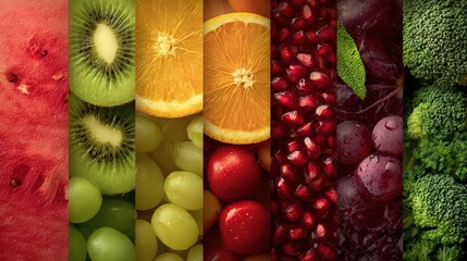Vibrant Assortment Of Fresh Fruits And Vegetables Presented In Vertical Strips With Sparkling Overlay