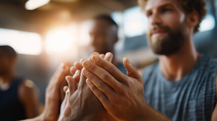 Athletic men's hands in team prayer huddle sports attire visible faces defocused sports ministry mental support faith and athletics gym or field setting with copy space