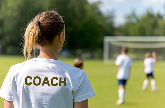 A coach watches intently as young athletes practice soccer on a sunny field. The coach is facing away from the camera, her focus on the players in front of her, in a sports setting.