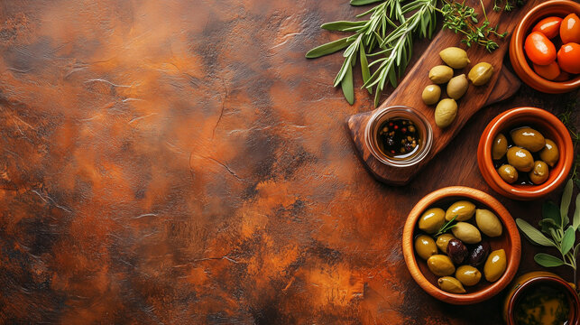 Assorted olives in wooden bowls with herbs and olive oil on a rustic background