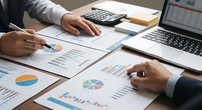 Business professionals analyzing financial reports with laptop and calculator teamwork analysis