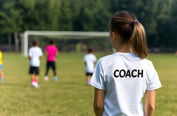 Fototapeta premium A young soccer coach watches her team practice on a sunny afternoon, a goal stands in the background, a symbol of their aspirations and the game they love.