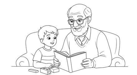 Grandfather Reading a Book with His Grandson Sitting Next to Him on a Couch