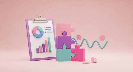 Business Strategy Data Analysis with Puzzle and Graph on Pink Background