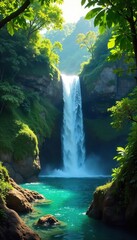 Sunlit Waterfall Cascades into Crystal Pool, Lush Tropical Foliage Framing the Scene Tranquil Nature Escape