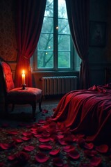 Intrigue and Temptation A Dimly Lit Room with Luxurious Fabrics, Scattered Rose Petals, and a Flickering Candle