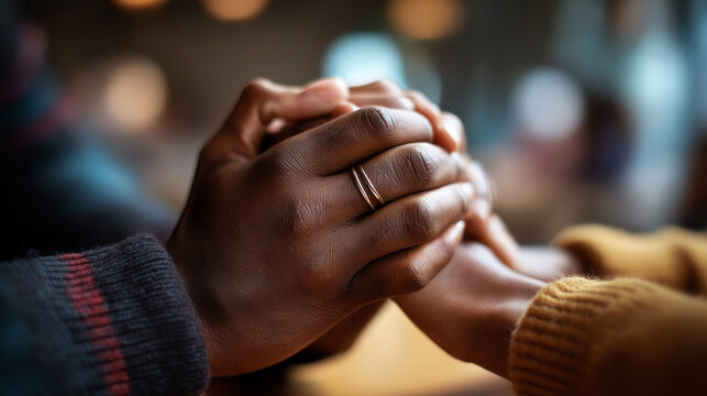 Two pairs of hands held together with wedding rings visible couples' prayer faces not shown marriage mental health support relationship ministry church couples' class