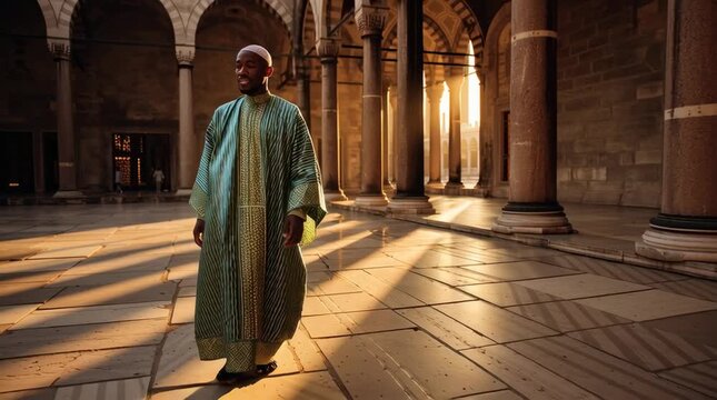 Muslim man in traditional attire walking inside mosque at sunset, symbolizing peace, devotion, and the beauty of faith illuminated by sacred light.