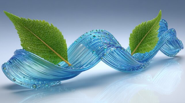 Green leaves sprout from a flowing, transparent, blue liquid ribbon. - Powered by Adobe
