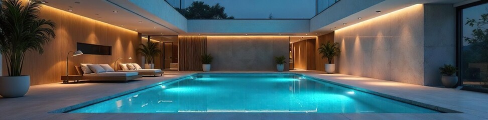 Tranquil Indoor Pool Sleek Modern Architecture, Geometric Design, Underwater Lighting