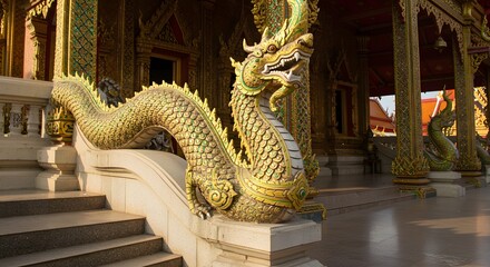 Ornate Golden Dragon Staircase Railing at Thai Temple Entrance with Sunlight