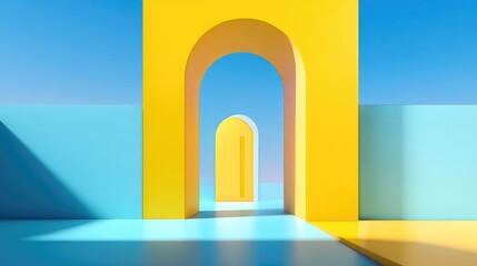 Fototapeta premium Yellow arched doorways create a surreal geometric tunnel against a clear blue sky.