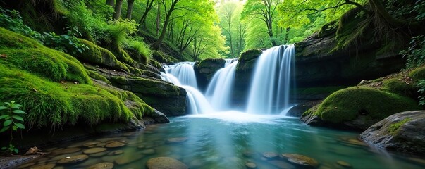 Magical Cascading Waterfalls Lush Forest Timelapse, Serene Nature Scene, Ethereal Atmosphere, Perfect for Travel & Relaxation
