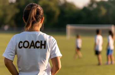 Focused coach watches players on the green field, guiding with experience and insight during their practice under the open sky with the goalpost in the background.