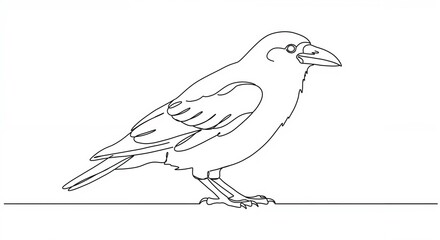 Fototapeta premium Intelligent crow watchful with black feathers in continuous line art against a white background with copy space