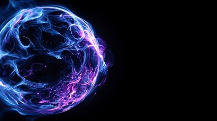 Abstract blue and purple sphere with dynamic energy waves swirling on a stark black background, a stunning visual for modern design and digital artwork