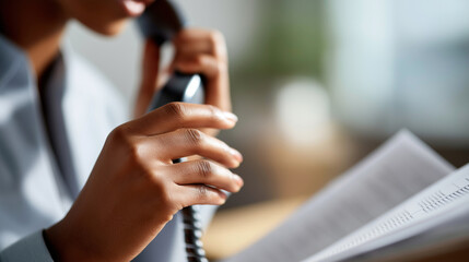 Hands holding phone receiver and prayer list crisis counseling face not visible mental health phone support prayer hotline ministry volunteer call center defocused with copy