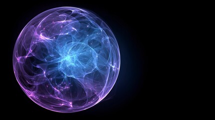Abstract blue and purple sphere with dynamic energy waves swirling on a dark background, perfect for futuristic designs, technology concepts, and visual effects.