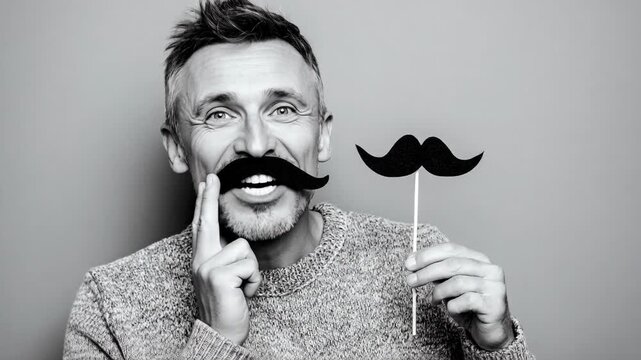 Man holding fake mustache props with joyful expression