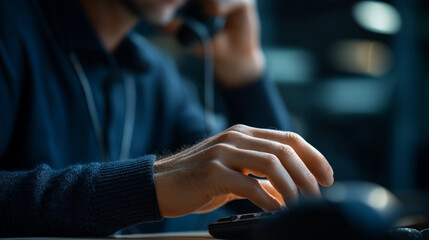 Crisis counselor's hands typing notes while holding phone headset visible face obscured mental health emergency support faith crisis line 24 hour prayer ministry with copy