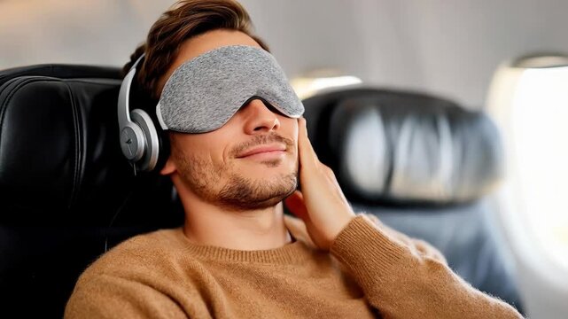 Man relaxing with sleep mask headphones on airplane