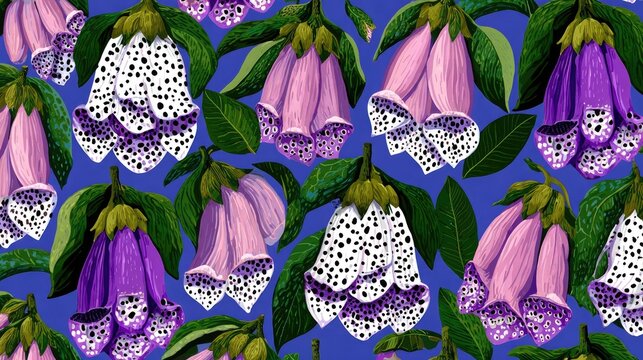 Pattern of bell-shaped flowers with green leaves on a blue background.