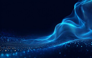 Dynamic blue abstract background with flowing wave of glowing dots, perfect for modern design and digital artwork, creating a vibrant and energetic visual impact