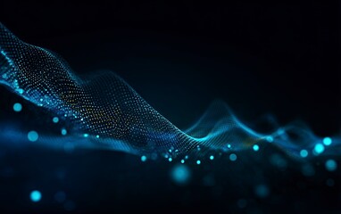 Dynamic blue background with glowing digital waves, dots, and abstract shapes, perfect for modern tech, futuristic designs, or innovative concepts, creating a vibrant visual.