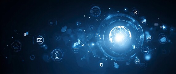 Dynamic digital blue abstract background with vibrant business icons symbolizing innovation, growth, and global connection, perfect for modern corporate presentations and technology concepts.